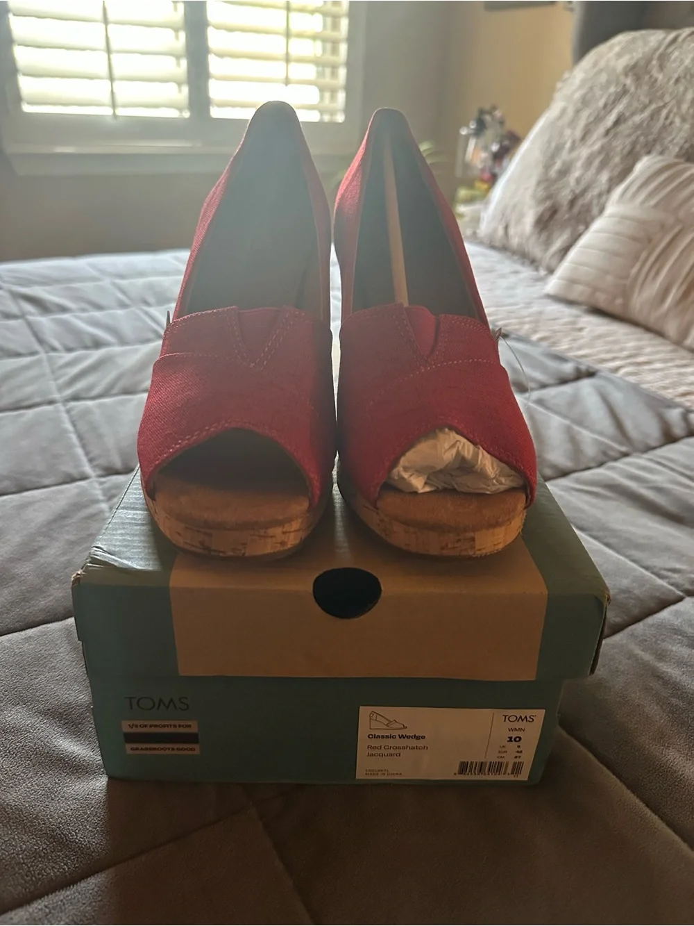 TOMS Red Open-Toe Cork Wedge Sandals